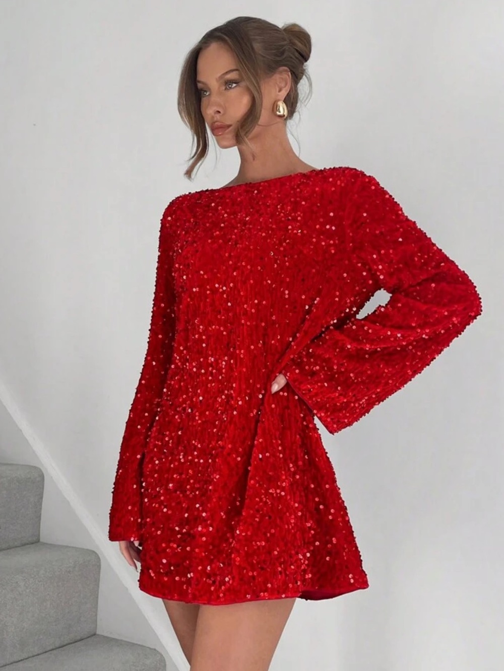 Siren Gaze Women's Sequin Embellished Loose Fit Boat Neck Long Sleeve Mini Dress